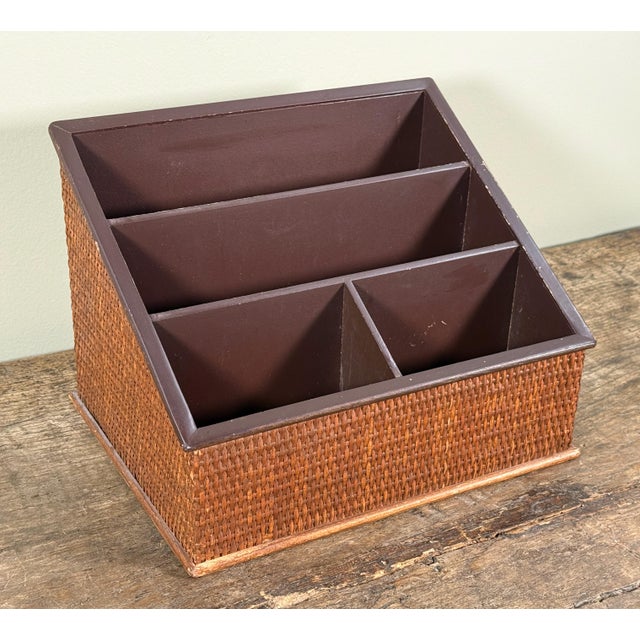 Mid-Century Modern Woven Rattan Desk Organizer / Letter Holder With Tiered Compartments For Sale - Image 3 of 7