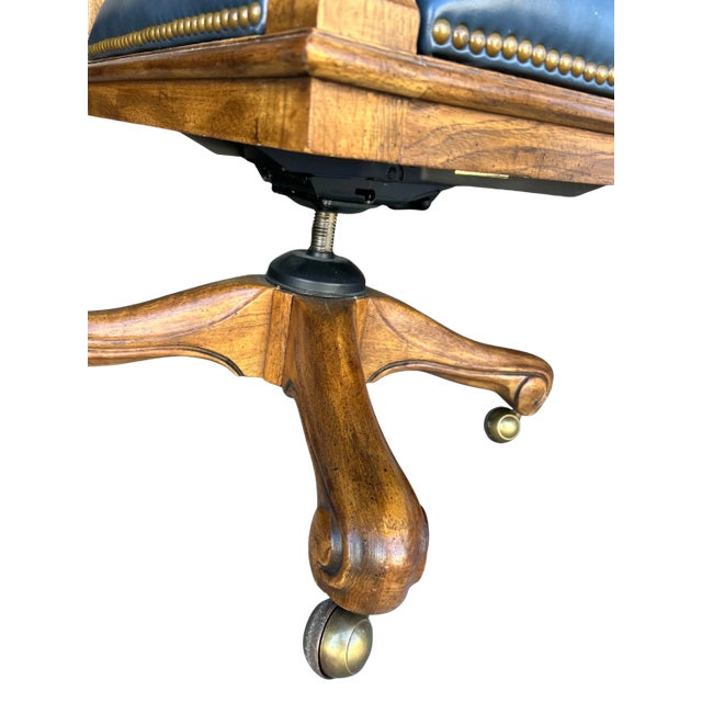 Wood Vintage Drexel Heritage Navy Leather Executive Office Chair For Sale - Image 7 of 11