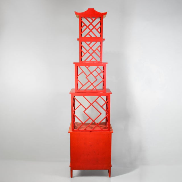 Vintage Chinoiserie Red Lacquer Duchess of Windsor Style Pagoda Etagere Cabinet For Sale - Image 10 of 18