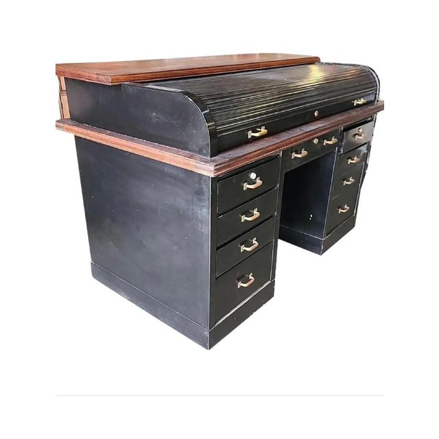 1950s Industrial Roll-Top Metal Tanker Desk With Brass Detailing For Sale In New York - Image 6 of 7