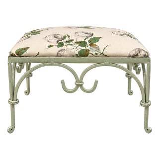 Vintage Iron Foot Stool With Colefax and Fowler “Bowood” Cotton Chintz Upholstered Cushion For Sale