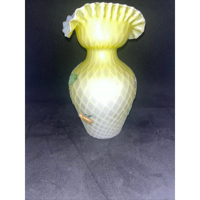 Glass Antique Satin Glass Ruffled Vase Beaded Floral Signed Webb For Sale - Image 7 of 7
