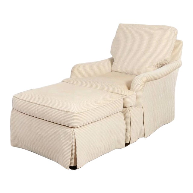 Baker Furniture Club Arm Chair With Matching Ottoman Ivory Velvet Ribbon Fabric For Sale
