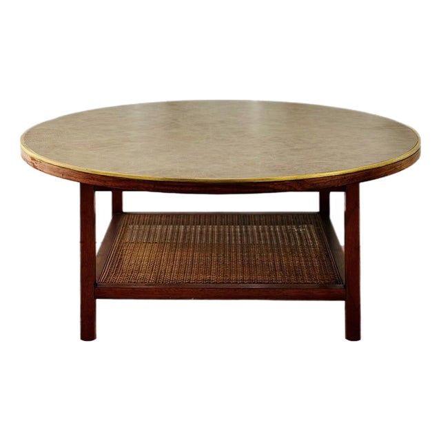 1950s Mid Century Modern Paul McCobb Walnut Wood & Cane Round Coffee Table For Sale