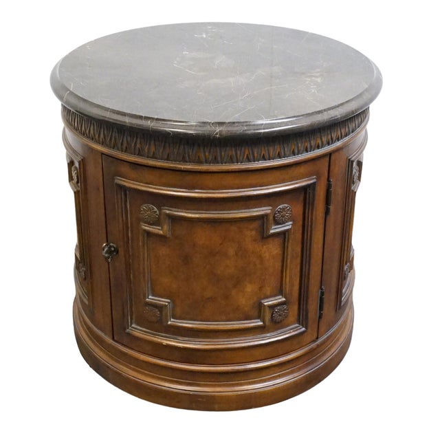 Tuscan Drexel Furniture Talavera Collection Contemporary Neoclassical Tuscan Style 30" Round Drum Accent Storage End Table W. Granite Top For Sale - Image 3 of 10