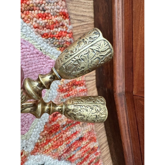 1960s Pair of Vintage Brass Candlesticks, Floral Engraved, C. 1960s For Sale - Image 5 of 6