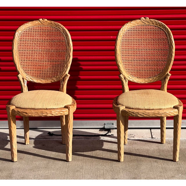Faux Bois Carved Wood Dining Chairs Pair Chairish