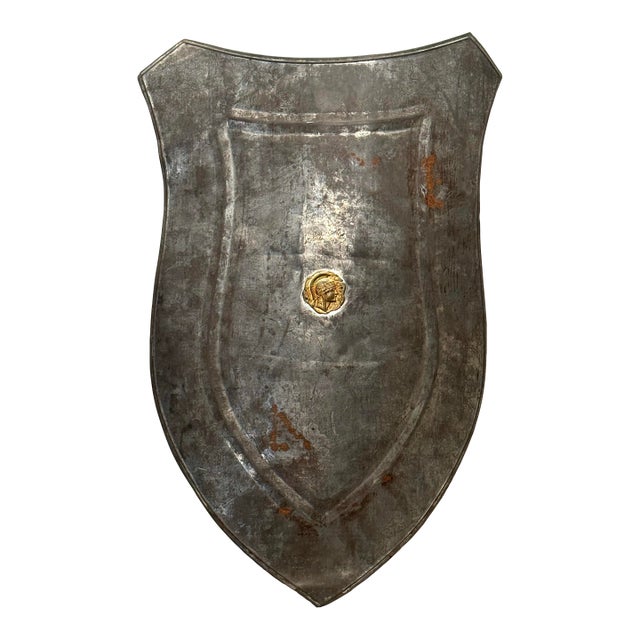 Vintage Medieval Rustic European Brass Medallion & Steel Shield Armor For Sale