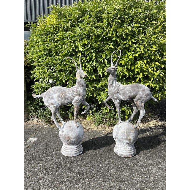 Cast Iron Stag Deer on Ball Garden Finial Sculptures, Set of 2 For Sale - Image 10 of 12