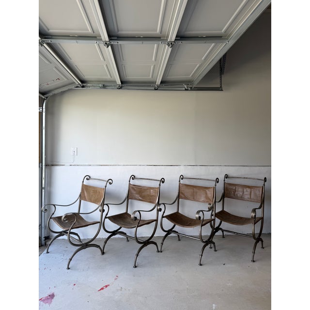 Metal Late 20th Century Leather and Iron Scroll Dining Arm Chairs For Sale - Image 7 of 12