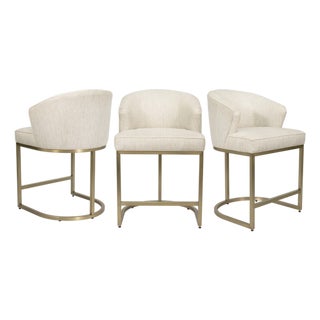 Set of 3 Vanguard Furniture Cream Upholstered Counter Stools With Brass Base For Sale