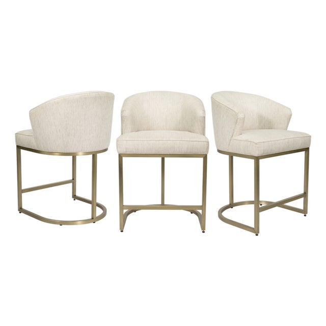 Set of 3 Vanguard Furniture Cream Upholstered Counter Stools With Brass Base For Sale