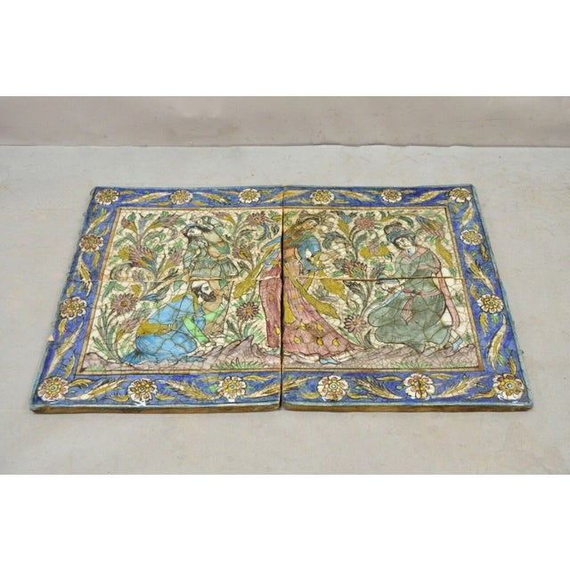 Blue Antique Persian Iznik Qajar Style Ceramic Pottery Tile Mosaic Woman & Servant C7 For Sale - Image 8 of 12