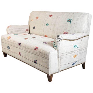 Custom-Made Settee, Upholstered in a Vintage Flat-Weave Kilim Rug For Sale