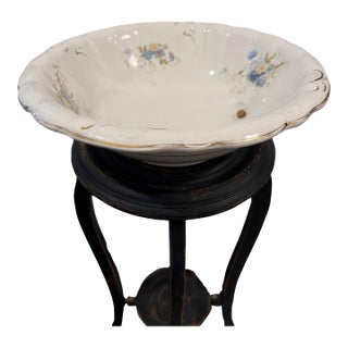 Antique Johnson Bros England "Royal Semi-Porcelain" Wash Basin With Functional Drain Hole & Stand For Sale