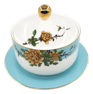 Beautiful Chinese Porcelain Lidded Bowl and Dish With Turquoise & Gold Peony