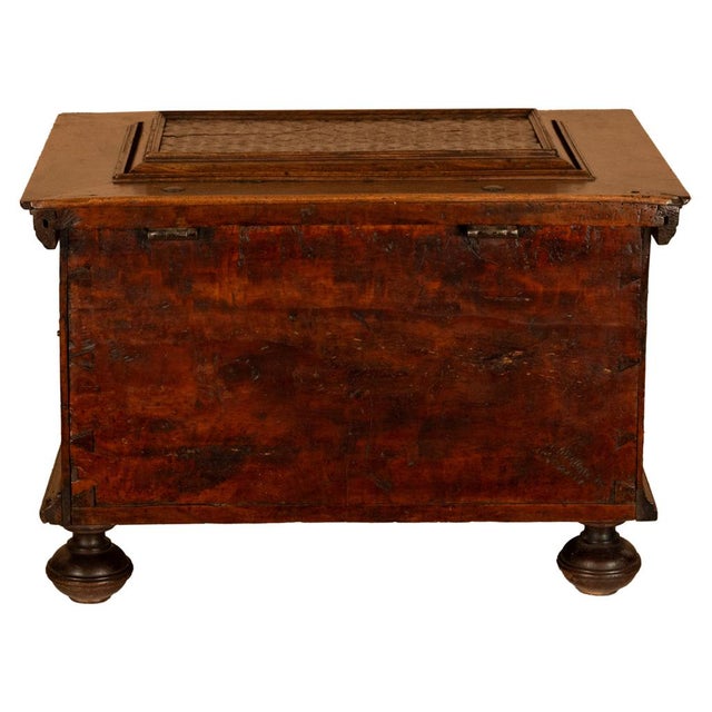 Antique Carved Walnut & Iron Coffer Chest Strong Guild Box Simmern Germany 1737 For Sale - Image 12 of 18