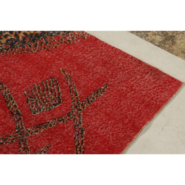 Textile 1960s Vintage Art Deco Rug in Red, Gold-Yellow Distressed Geometric Pattern For Sale - Image 7 of 8