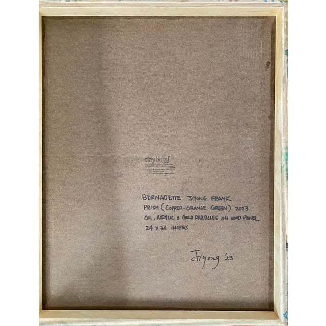 Wood Contemporary Abstract Oil, Acrylic and Gold Particles on Wood Panel Painting "Prism (Copper Orange-Green)" by Bernadette Jiyong Frank For Sale - Image 7 of 8