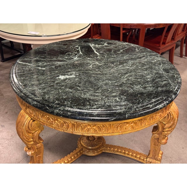 French Louis XV Style 23 K Gold Carved Wood Center Table + Marble Top For Sale - Image 11 of 12