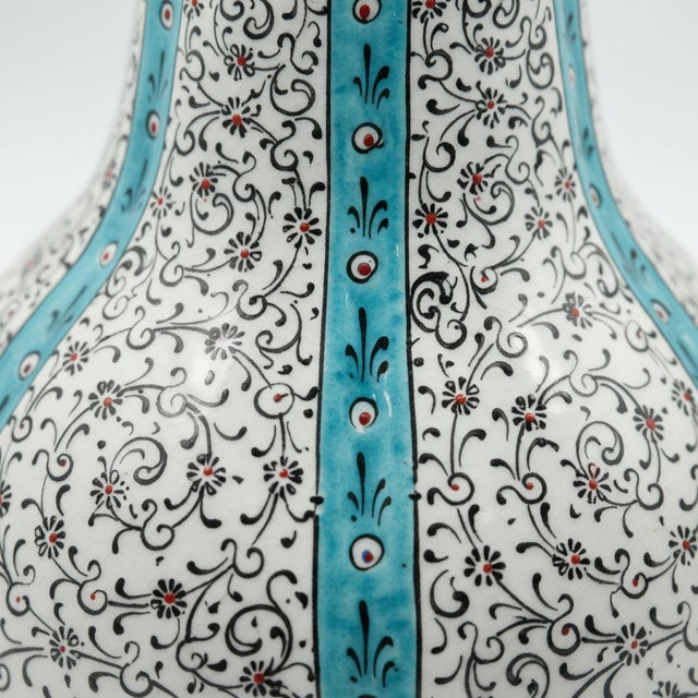 Handmade Ceramic Tall Pitcher (40cm) – Turquoise Stripes & Golden Horn Pattern – Mediterranean Decor For Sale - Image 4 of 10