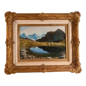 1910s Post Impressionist Blue Alpine Lake Landscape Original Oil on Canvas, Bears Signature Edward Payne