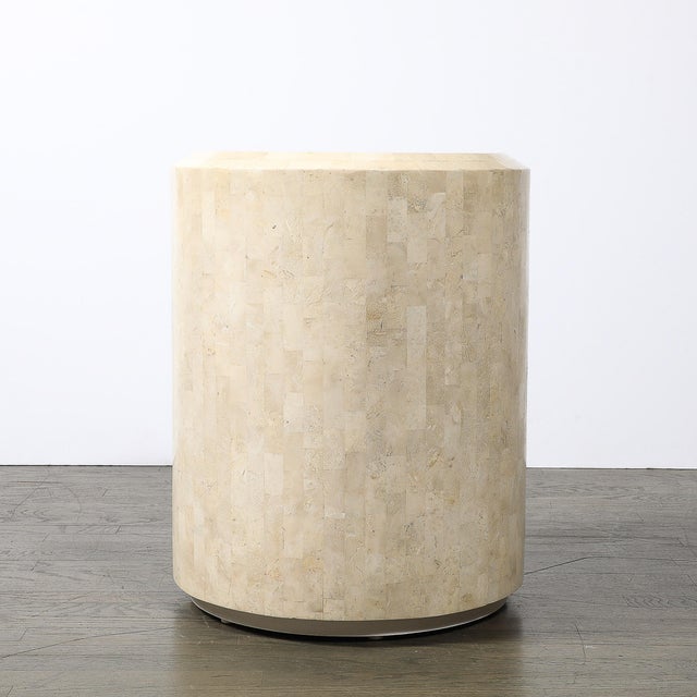 Mid-Century Drum Form Brass Inlay Tessellated Stone Side Table by Maitland Smith For Sale - Image 9 of 14