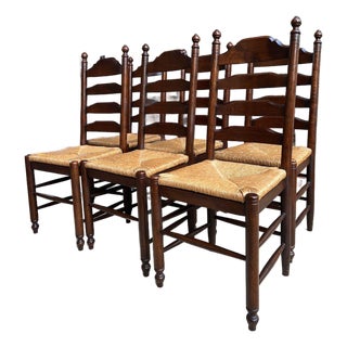 Vintage English Dining Chairs Set 6 Oak Ladder Back Rush Seat Woven For Sale
