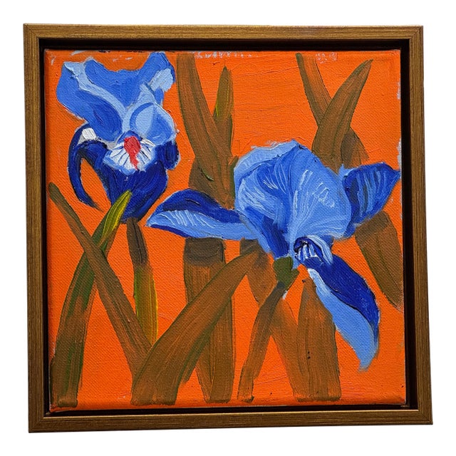 Irises Caliente Redux: A Bright Little Gem, Original Painting by George T. Chakos, Framed For Sale