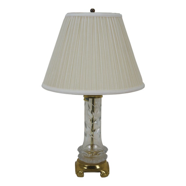 Mid 20th Century German Lausitzer Hollywood Regency Brass Crystal Leaf Etched Vanity Lamp 20" For Sale