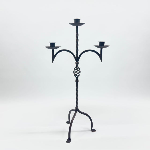 Hand Forged Wrought Iron Candelabra 33″ (83cm) Antique Copper Patina 3-Arm Twist & Basket Design Candle Holder Rustic Fireplace Decor For Sale - Image 6 of 7