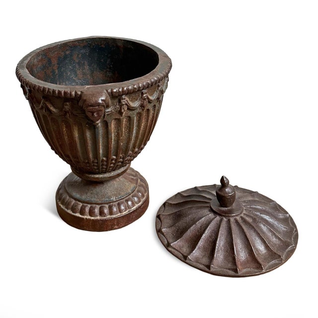 English Vintage Cast Iron Urn W/Lid For Sale - Image 3 of 5