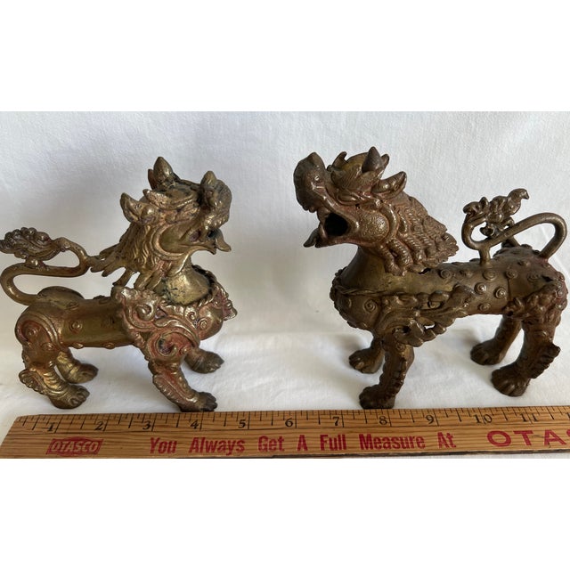 Bronze Vintage Bronze Foo Dogs on Wooden Stand - 3 Piece Set For Sale - Image 8 of 16