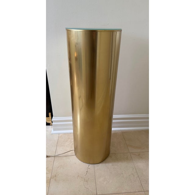 Vintage 1980s Postmodern light up gold metal pedestal with frosted glass top.