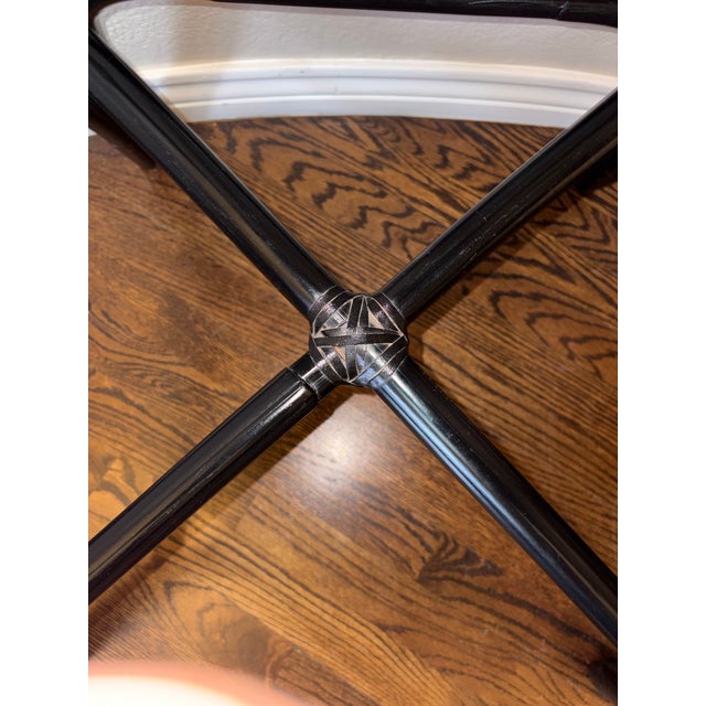 Pair of Hollywood Regency Chinoiserie Black Bamboo Arm Barstools For Sale - Image 9 of 12