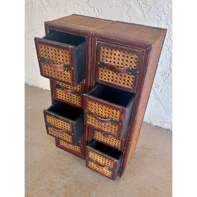 Brown Pair Vintage Leather & Cane Four Drawer Apothecary Chests, 1980s For Sale - Image 8 of 8