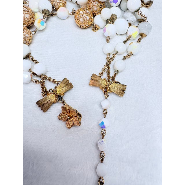 Vendôme 1950s–60s Glass Bead Necklace & Earrings | White Ab & Filigree Set, 3 Pieces For Sale - Image 10 of 14