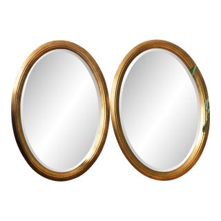 Pair of Vintage Deknudt Giltwood Oval Beveled Mirrors – Hollywood Regency, Belgium, 1970s For Sale