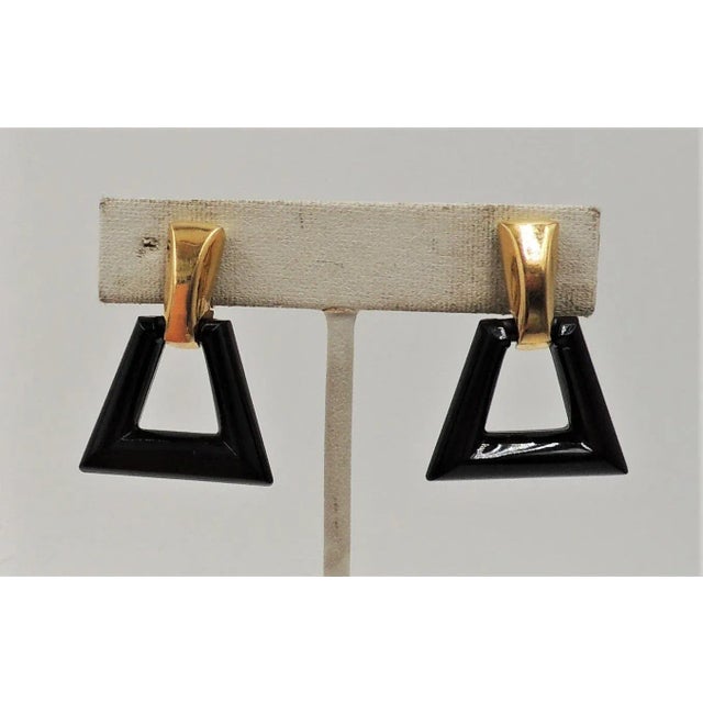 Modern Vintage 1970s Signed Crown Trifari Goldtone & Black Lucite Hoop Clip Earrings - 2 Pieces For Sale - Image 3 of 9
