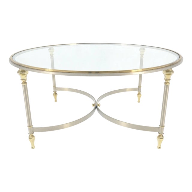 Italian Round 38" Brushed Chrome & Brass Bezel & leg Glass Top Coffee Table For Sale