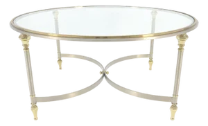 Italian Round 38" Brushed Chrome & Brass Bezel & leg Glass Top Coffee Table