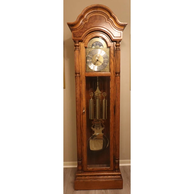 Brown 1990s Howard Miller Oak Grandfather Clock With Kieninger Triple Chime Movement and Moon Dial For Sale - Image 8 of 18