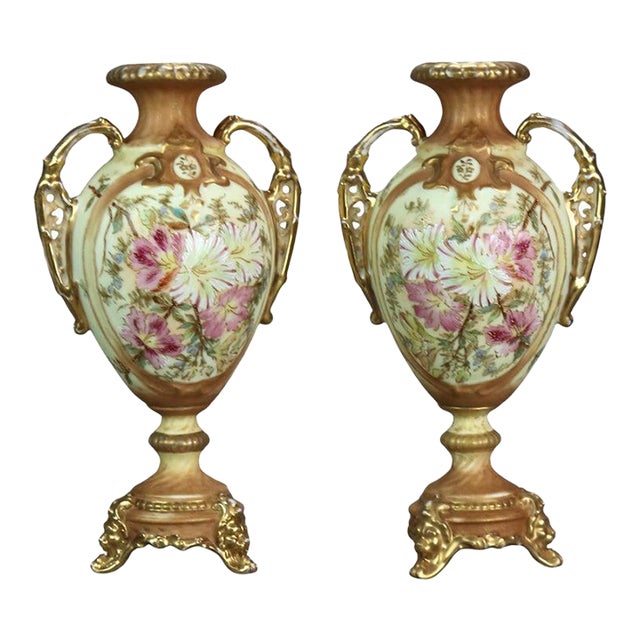 Pair Antique Rudolstadt Hand Painted and Gilt Porcelain Bolted Urns 1890s For Sale