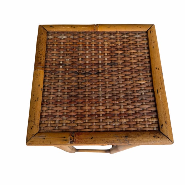 Tan Vintage Bamboo With Woven Rattan Top Plant Stand, Side, Drink Table For Sale - Image 8 of 10