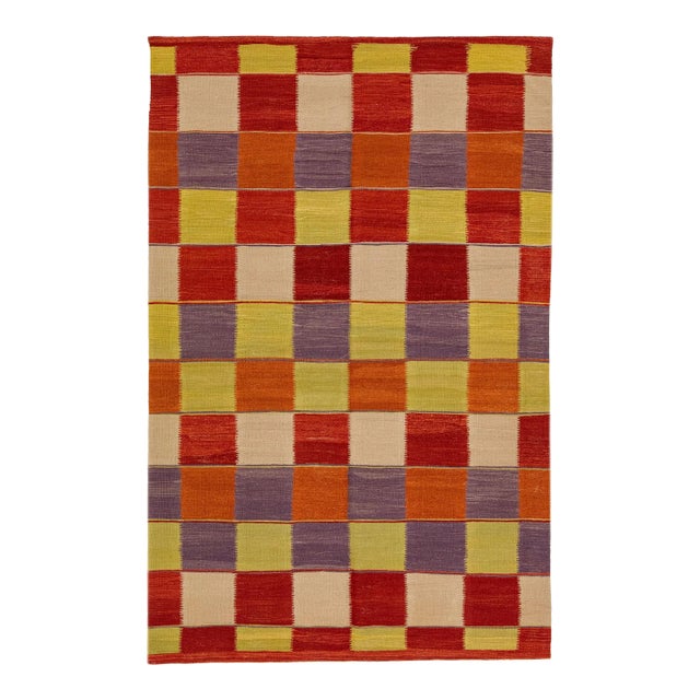 2020s Modern Kilim Handmade Multicolor Geometric Wool Rug For Sale