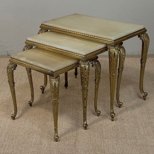 Set of Three Mid-Century French Louis XV Style Brass and Onyx Nesting Tables For Sale - Image 13 of 18