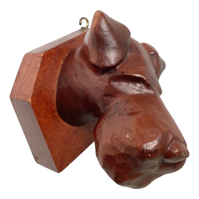 1930s Folk Art Hand Carved Wood Terrier Dog Wall Sculpture For Sale