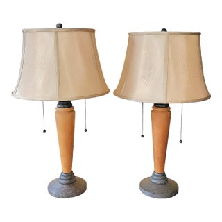 Concord Mid-Century Modern Teak and Metal Double Pull-Chain Table Lamps, a Pair For Sale