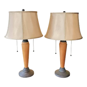 Concord Mid-Century Modern Teak and Metal Double Pull-Chain Table Lamps, a Pair