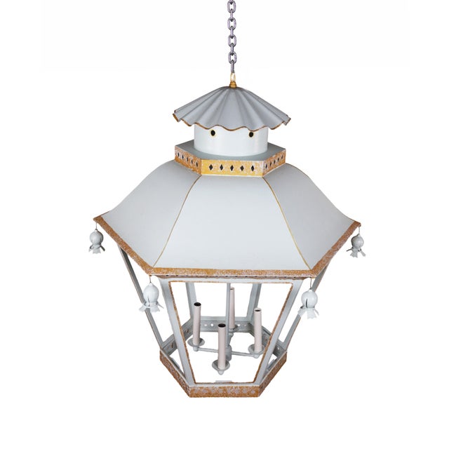 Metal Vintage French Chinoiserie Three-Tier Pagoda-Shaped Metal Chandelier, White, Light Blue, and Gold For Sale - Image 7 of 11